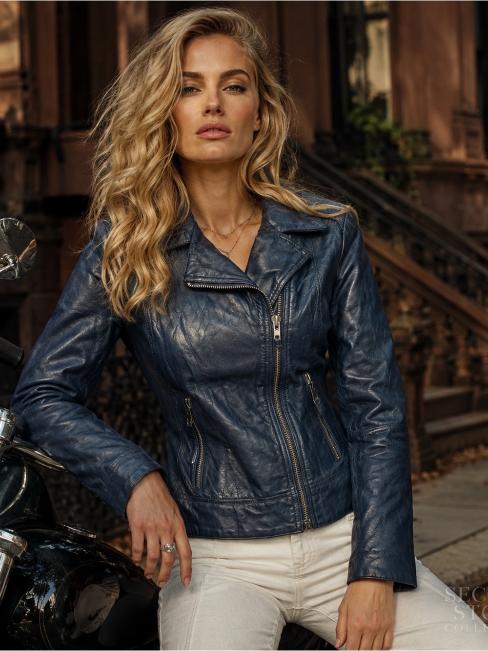 by Eve Leather Moto Jacket Women M Navy Distressed Biker Floral Lined Vintage